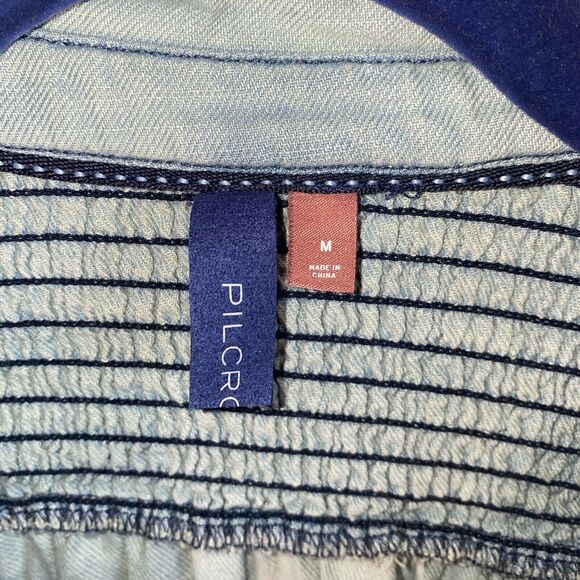 Pilcro Anthropologie Western Antique Denim Smocked Crop Frayed Button Blouse M - Picture 6 of 13